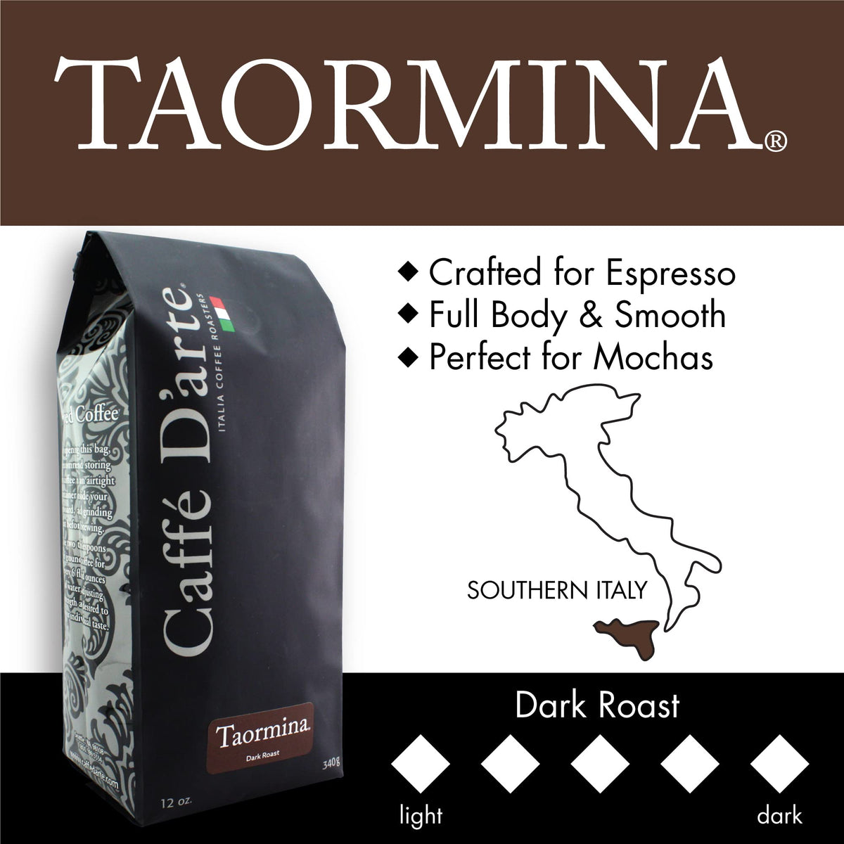 Taormina aroma rising from a steaming cup of espresso.