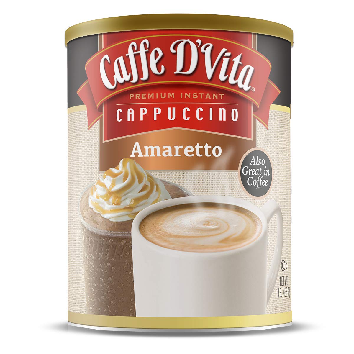 Caffe D'Vita Amaretto Cappuccino mix can pour showing creamy beverage option