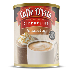Caffe D'Vita Amaretto Cappuccino mix can pour showing creamy beverage option