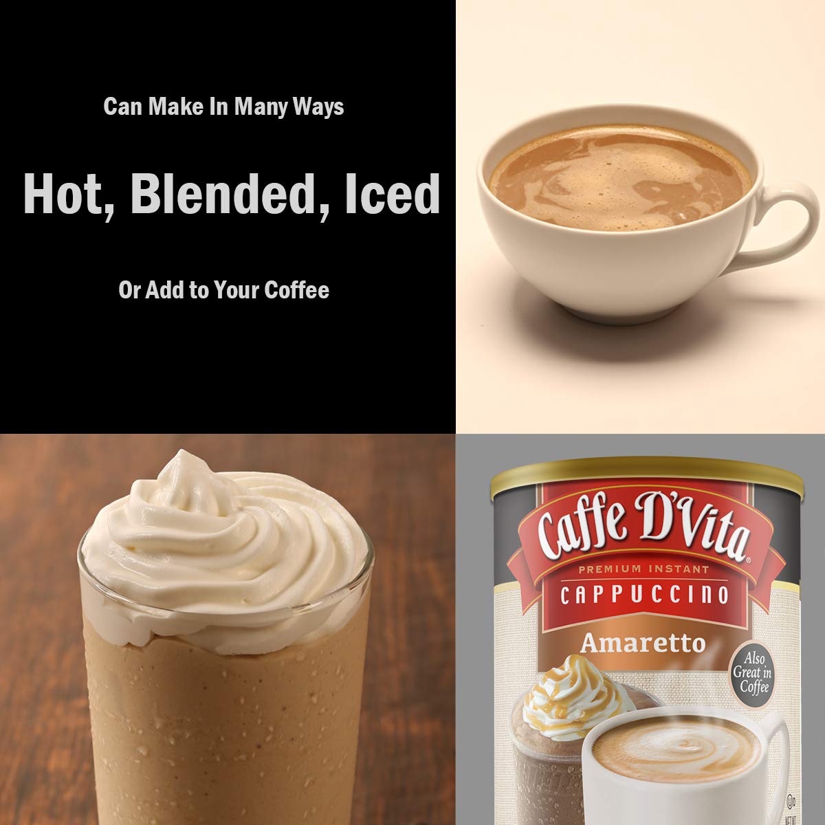 Caffe D'Vita Amaretto Cappuccino mix label closeup highlighting premium gluten-free ingredients