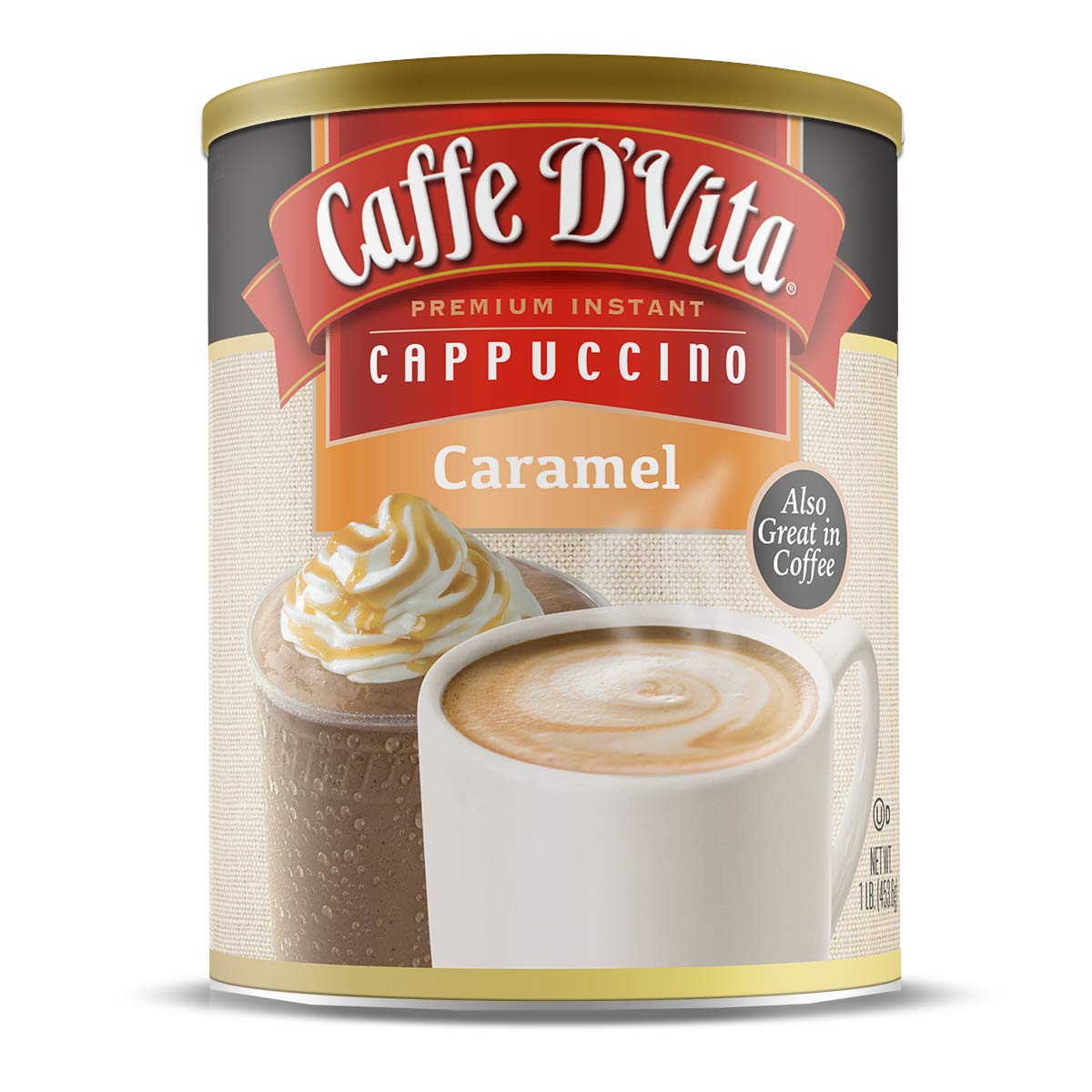 Caffe D'Vita Caramel Cappuccino Mix can shows premium ingredients and rich flavor