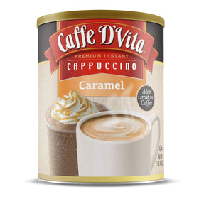 Caffe D'Vita Caramel Cappuccino Mix can shows premium ingredients and rich flavor