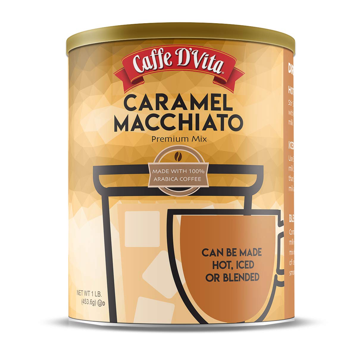 Caffe D'Vita Caramel Macchiato can close-up, premium instant latte base for quick indulgence.
