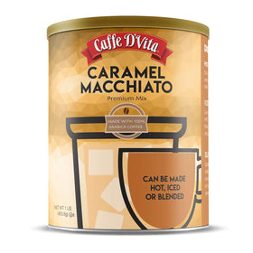 Caffe D'Vita Caramel Macchiato can close-up, premium instant latte base for quick indulgence.