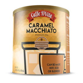 Caffe D'Vita Caramel Macchiato can, creamy latte base for hot or iced beverages.