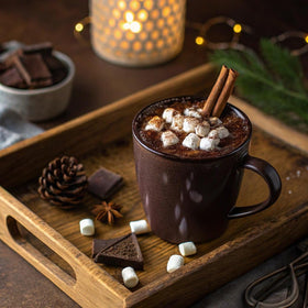 Caffe D’Vita cocoa mug topped with whipped cream for a cozy treat.