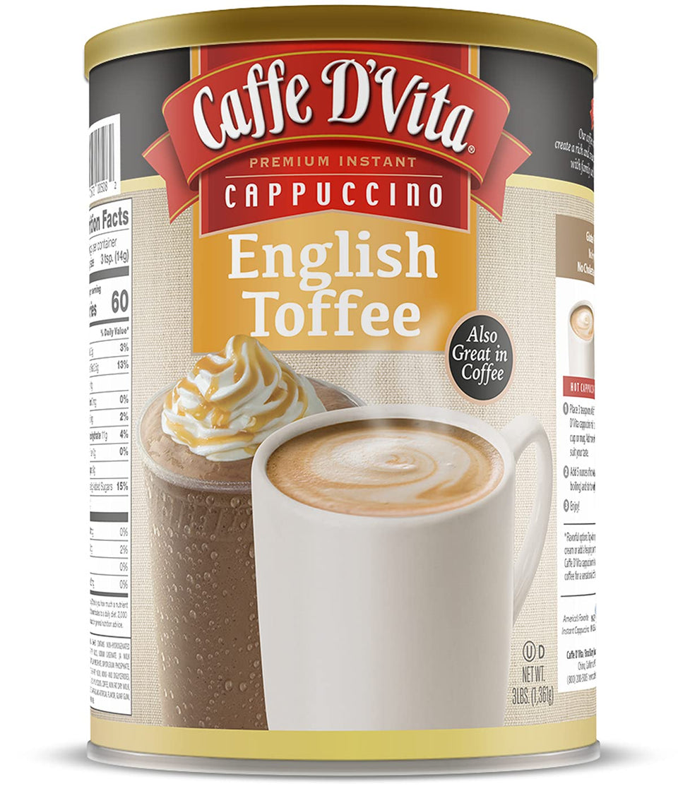 Caffe D'Vita English Toffee Cappuccino Mix jar shows premium ingredients for a creamy beverage.