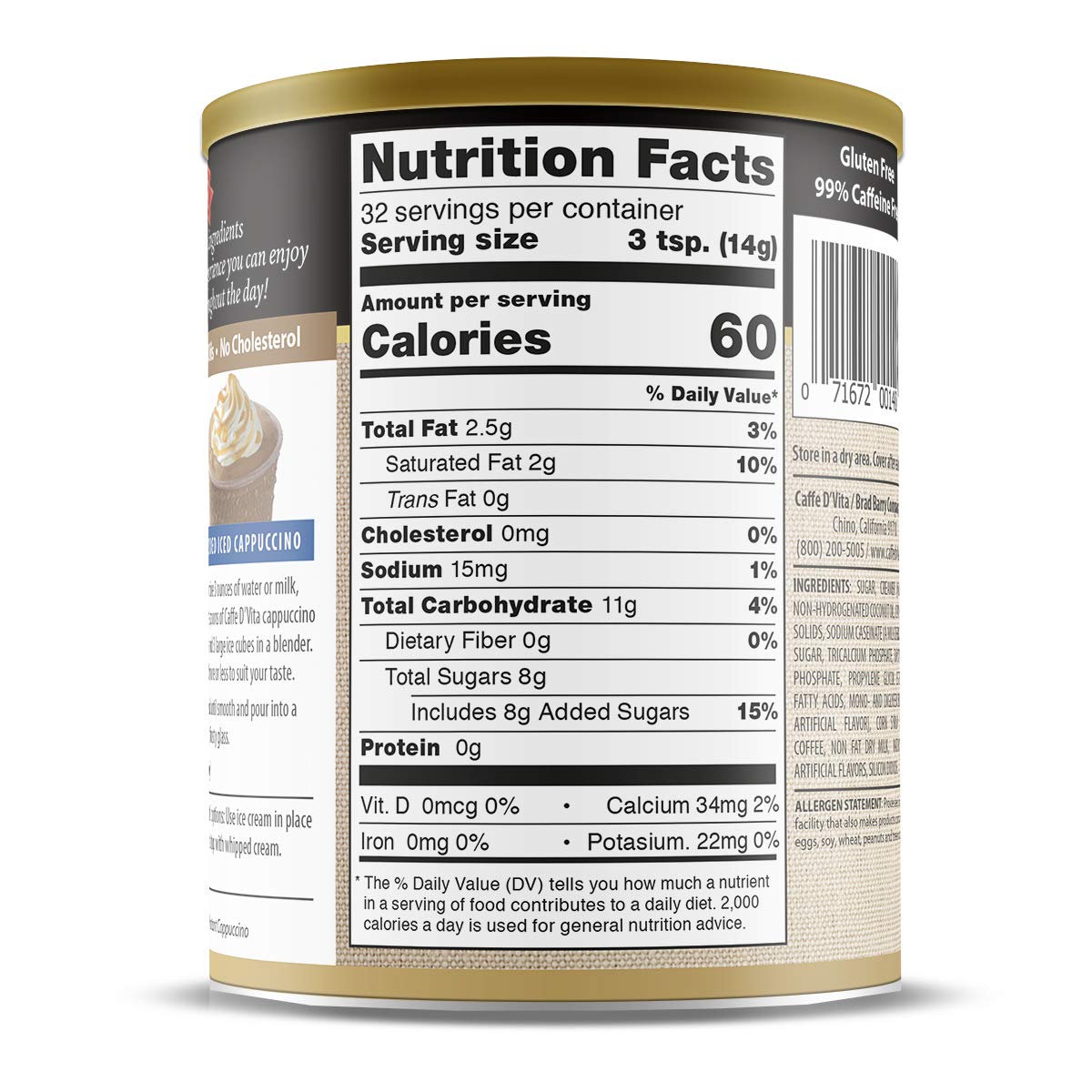 Caffe D'Vita Caramel Cappuccino gluten-free USA-made label for quality