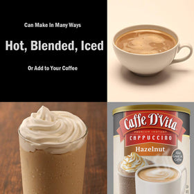 Caffe D'Vita hazelnut cappuccino mix being scooped for customizable taste