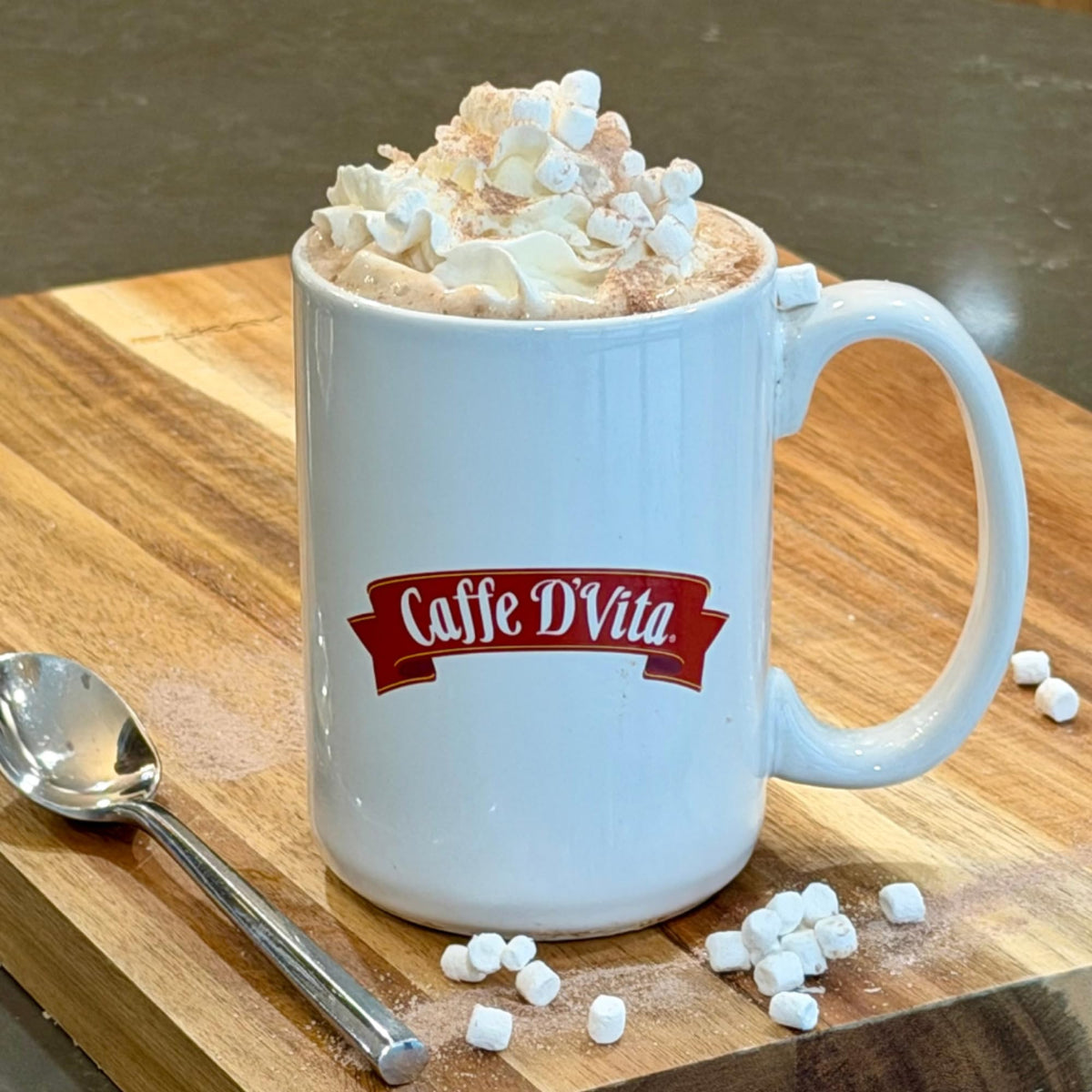 Caffe D’Vita ingredients label highlights gluten-free, premium chocolate.