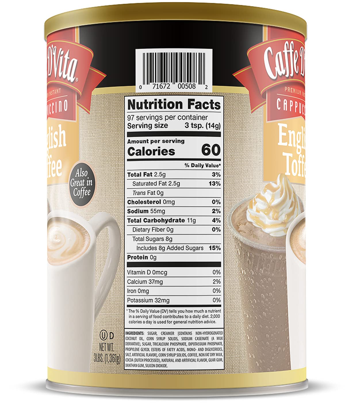 Caffe D'Vita USA-made gluten-free mix with premium ingredients for delicious beverages.