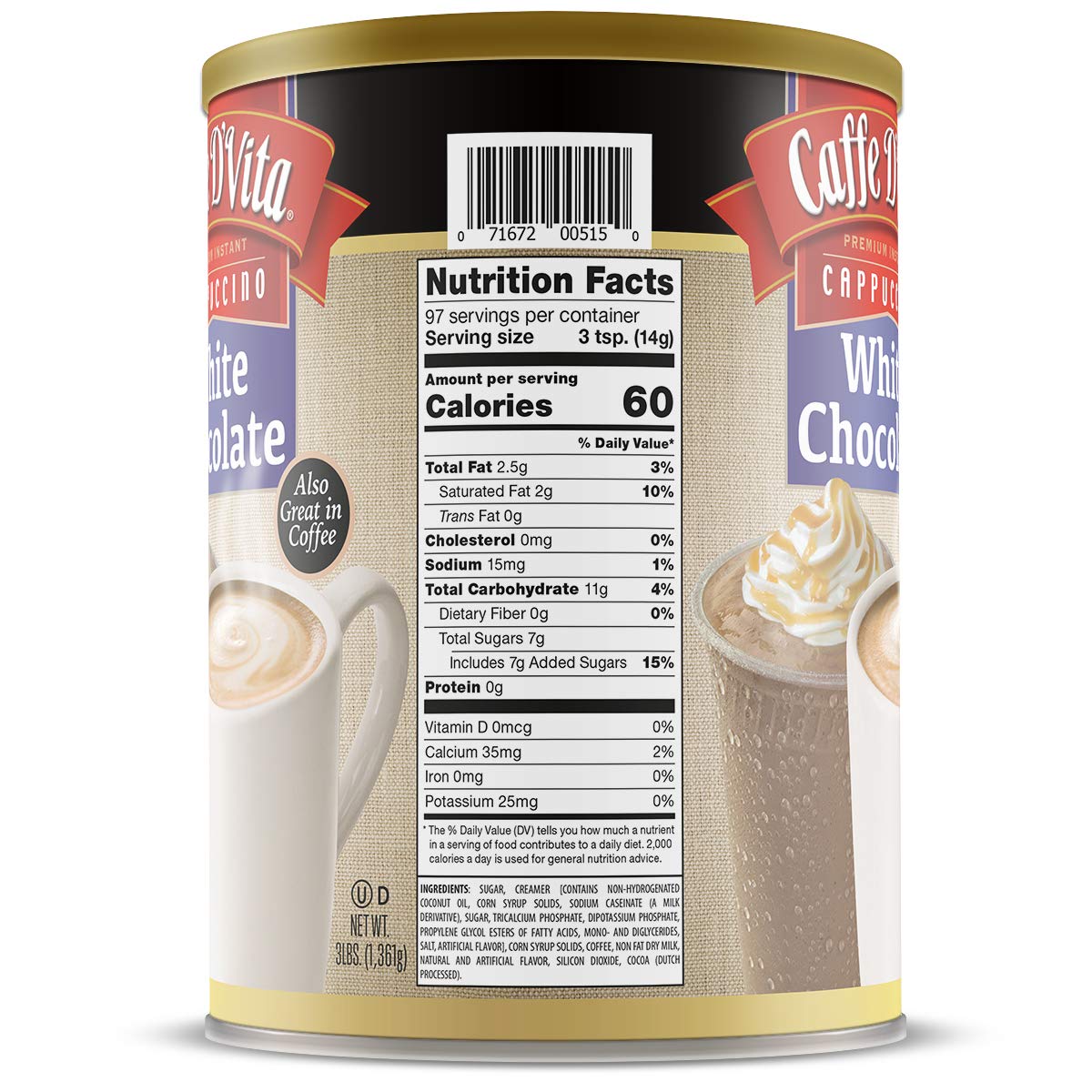 Caffe D'Vita can label emphasizes USA-made quality and gluten-free cappuccino mix.