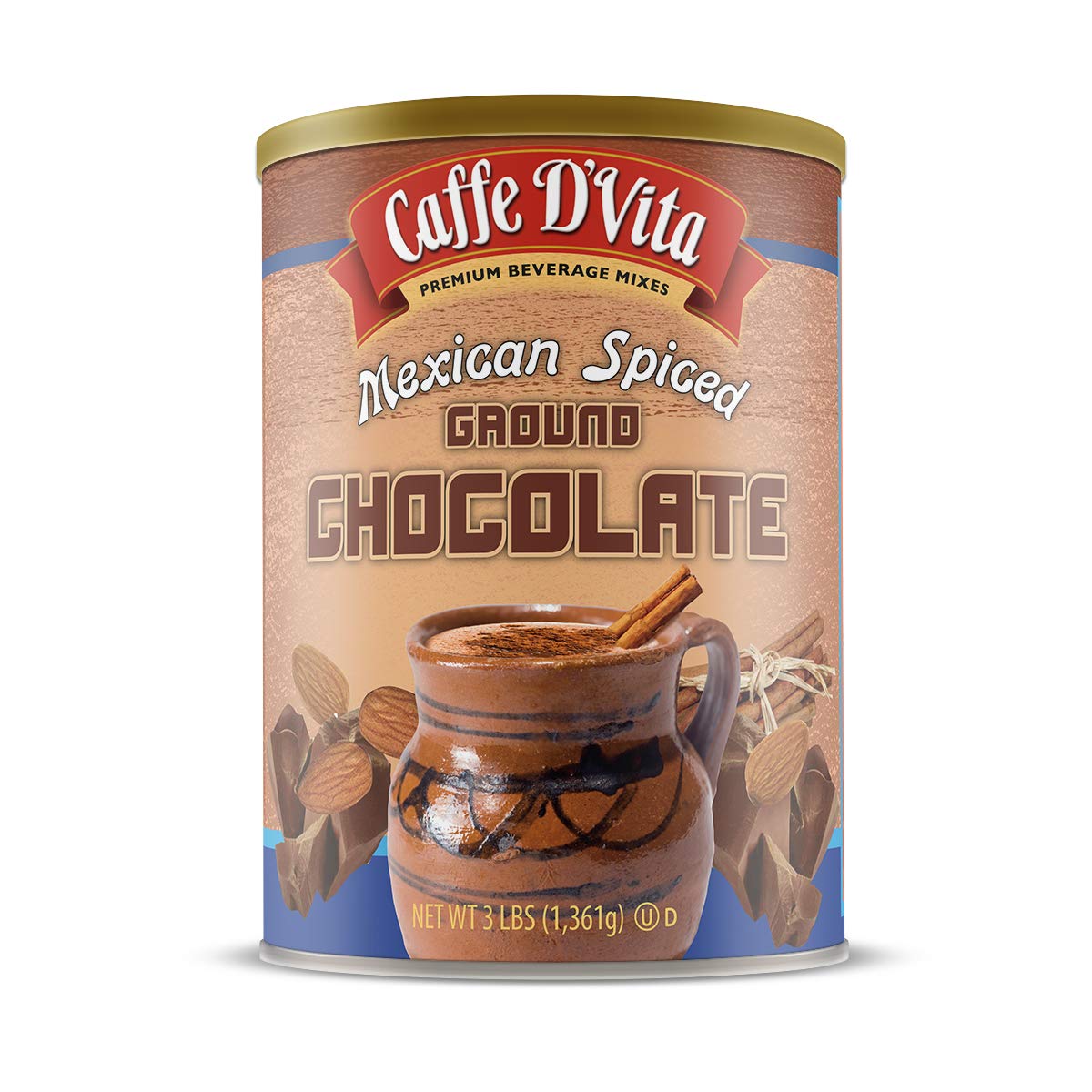 Caffe D'Vita Mexican Spiced Ground Chocolate can label highlights premium ingredients and traditional flavor.