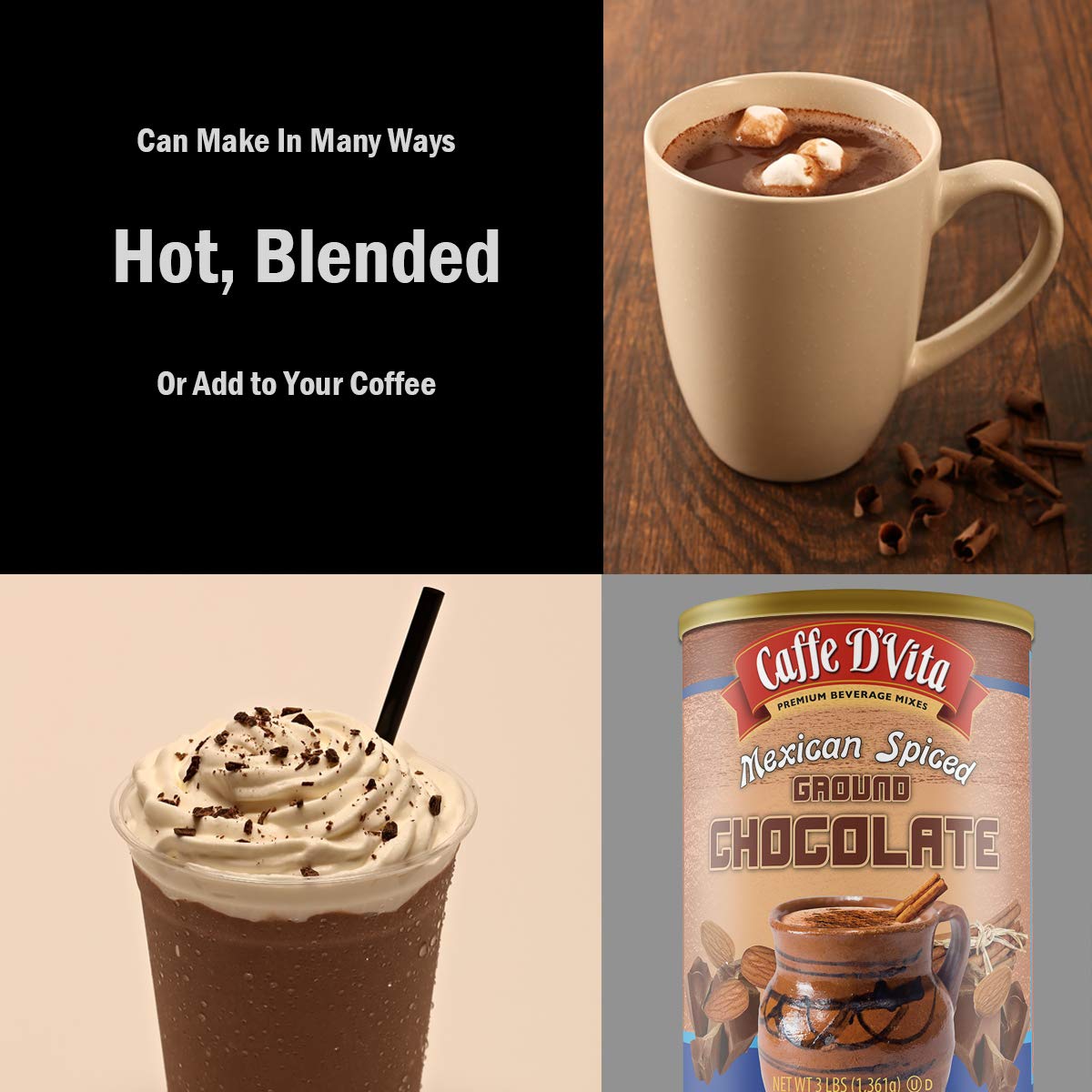 Caffe D'Vita Mexican Spiced Ground Chocolate pouring setup for quick, comforting drinks.