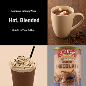 Caffe D'Vita Mexican Spiced Ground Chocolate pouring setup for quick, comforting drinks.
