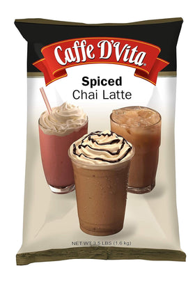 Caffe D'Vita Spiced Chai Latte Mix in a bag showing premium blend for cozy mornings.