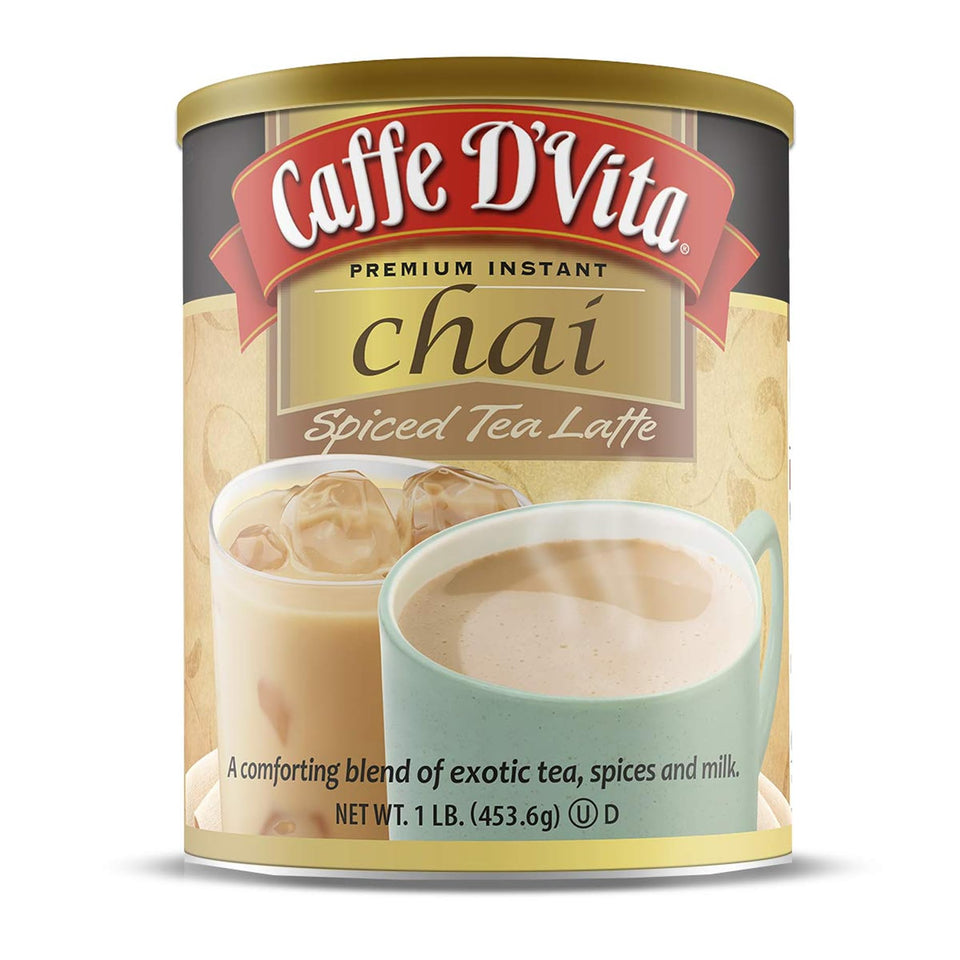 Caffe D'Vita Spiced Chai Latte Mix can label; premium blend and gluten free.