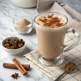 Caffe D'Vita Spiced Chai Latte Mix cup steam for hot or iced preparation.