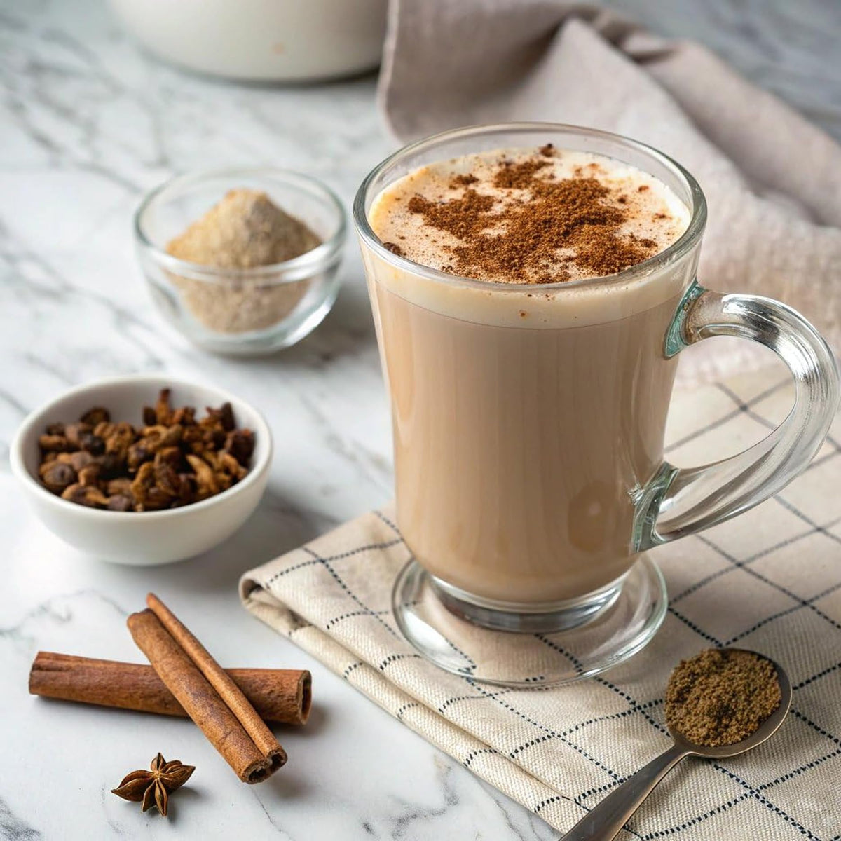 Ice-cold chai latte made with Caffe D'Vita Spiced Chai Latte Mix.