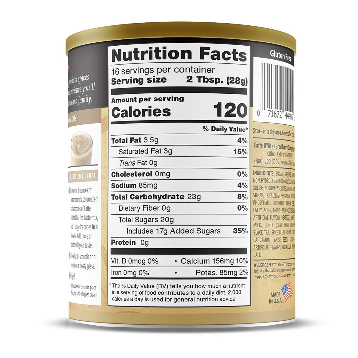 Made in the USA, Caffe D'Vita Spiced Chai Latte Mix reflects quality.