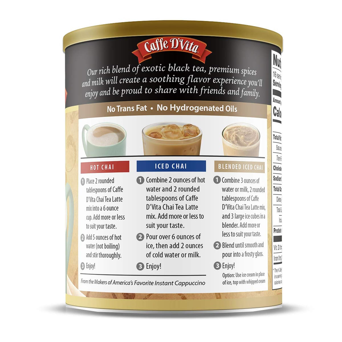 Premium ingredients in Caffe D'Vita Spiced Chai Latte Mix deliver rich flavor.