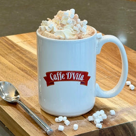 Caffe D'Vita ingredients board highlights gluten-free, no trans fats.