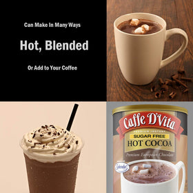 Caffe D'Vita cocoa can side view, highlights no trans fat claim.