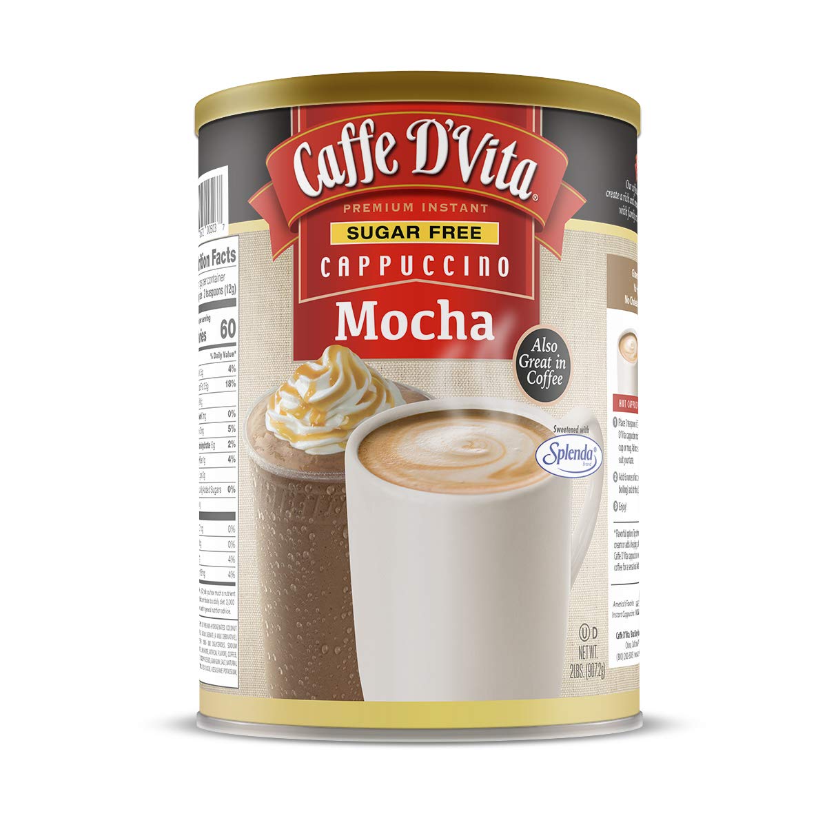 Caffe D'Vita Sugar Free Mocha Cappuccino mix jar for sugar-free indulgence