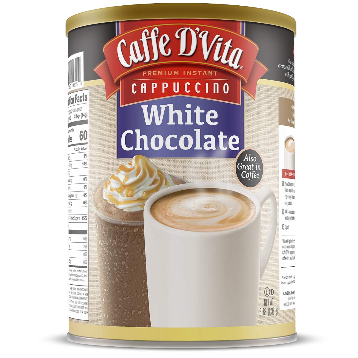 Caffe D'Vita white chocolate cappuccino hot cup shows creamy, ready-to-make indulgence.
