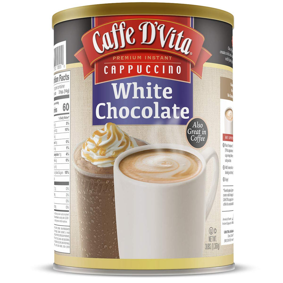 Caffe D'Vita white chocolate cappuccino hot cup shows creamy, ready-to-make indulgence.