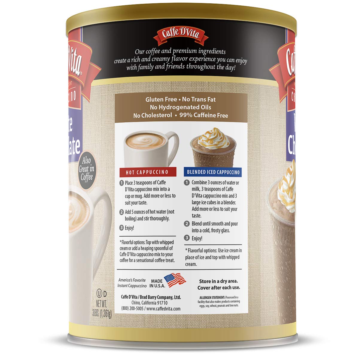 Caffe D'Vita white chocolate cappuccino ingredients closeup highlights premium components.