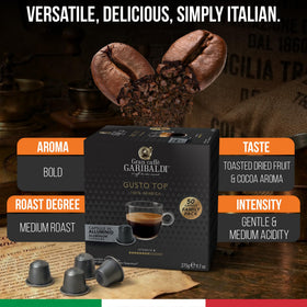 Caffe Garibaldi aluminum pod packaging showing 50-count box for easy storage