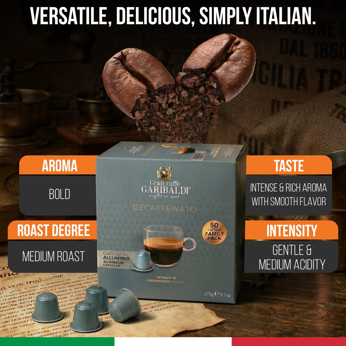 Caffè Garibaldi aluminum pods nitrogen-flushed preserve bold aroma for fresh espresso