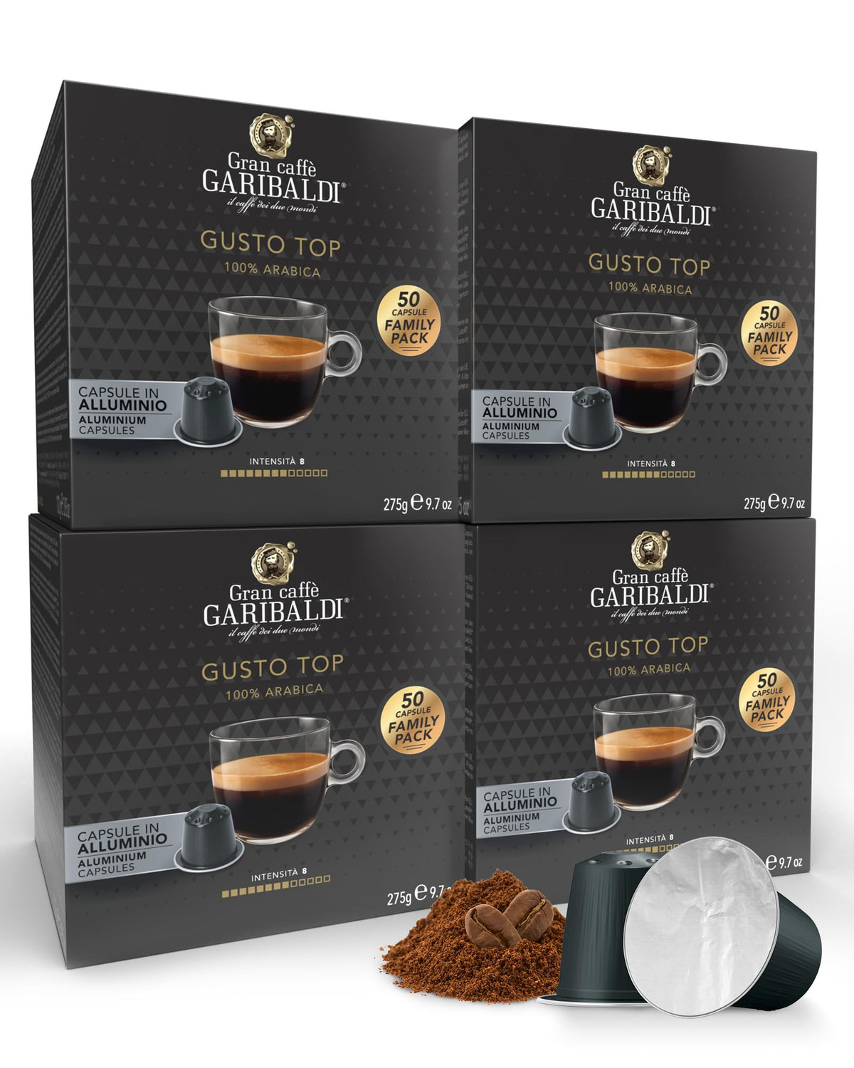 Caffe Garibaldi Gran Caffe espresso pod close-up highlighting premium aluminum packaging for freshness