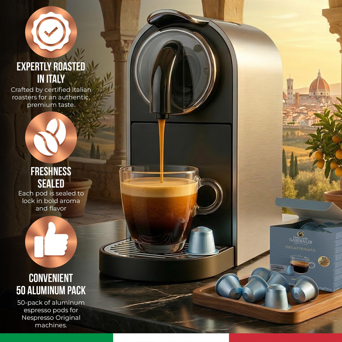 Caffe Garibaldi nitrogen-flushed pod preserving fresh aroma and quality.