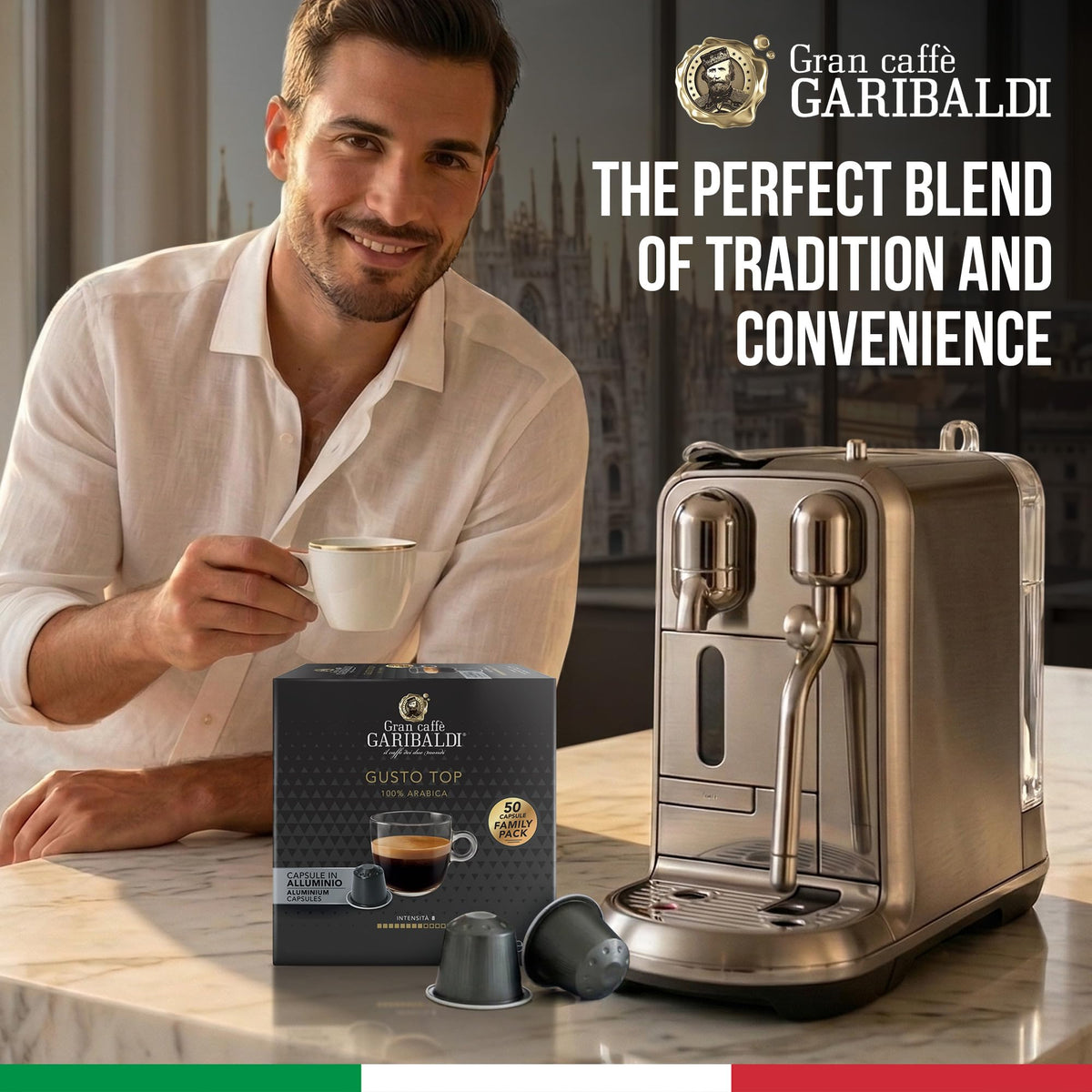 Caffe Garibaldi 50-capsule aluminum packaging protects flavor.