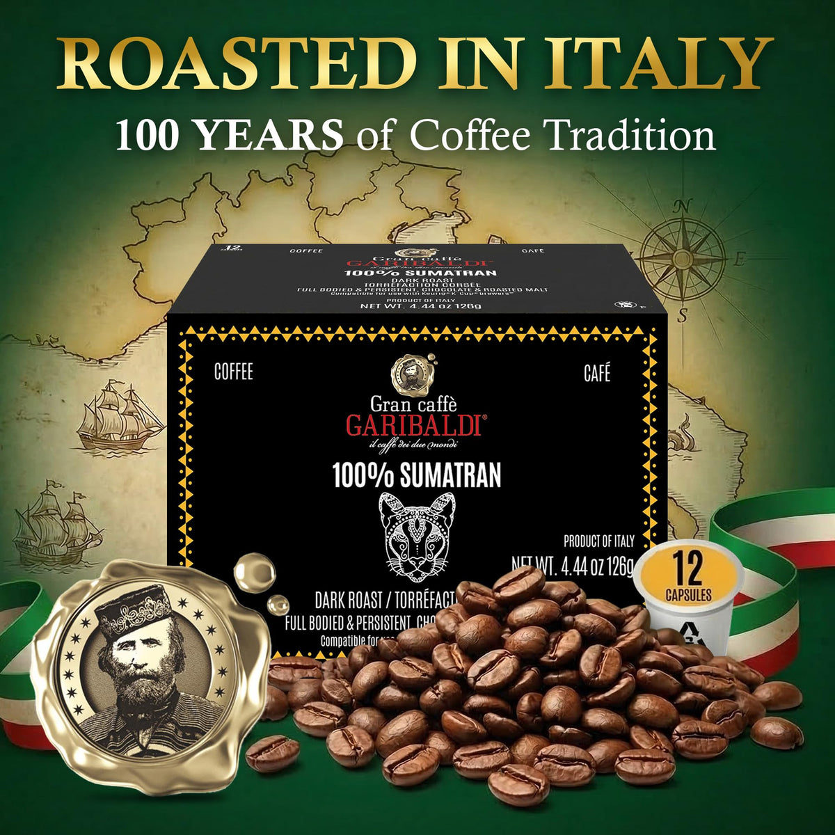 Caffè Garibaldi recyclable pod packaging highlights eco-friendly choice.