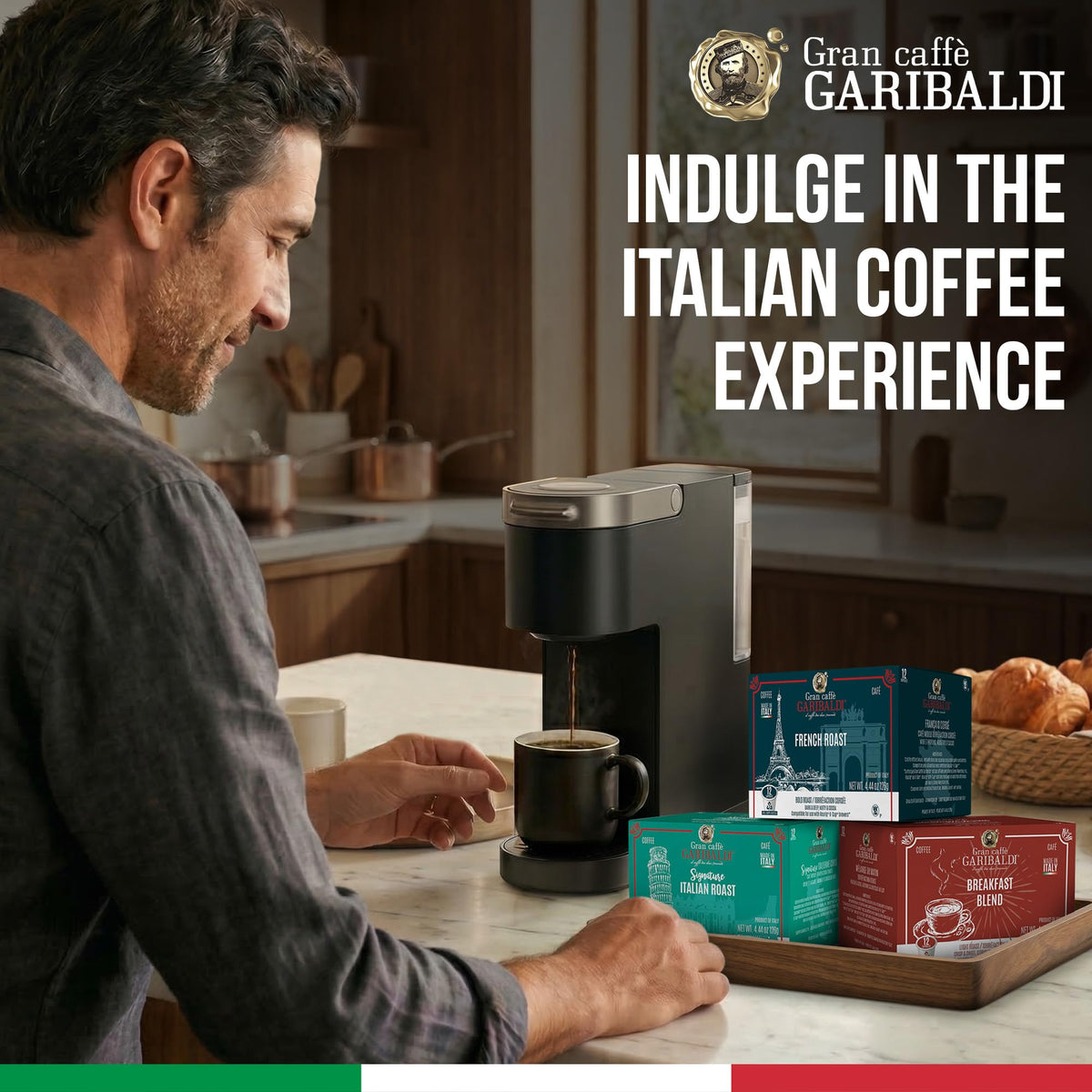 Caffè Garibaldi Sumatra dark roast beans beside a grinder for rich flavor.