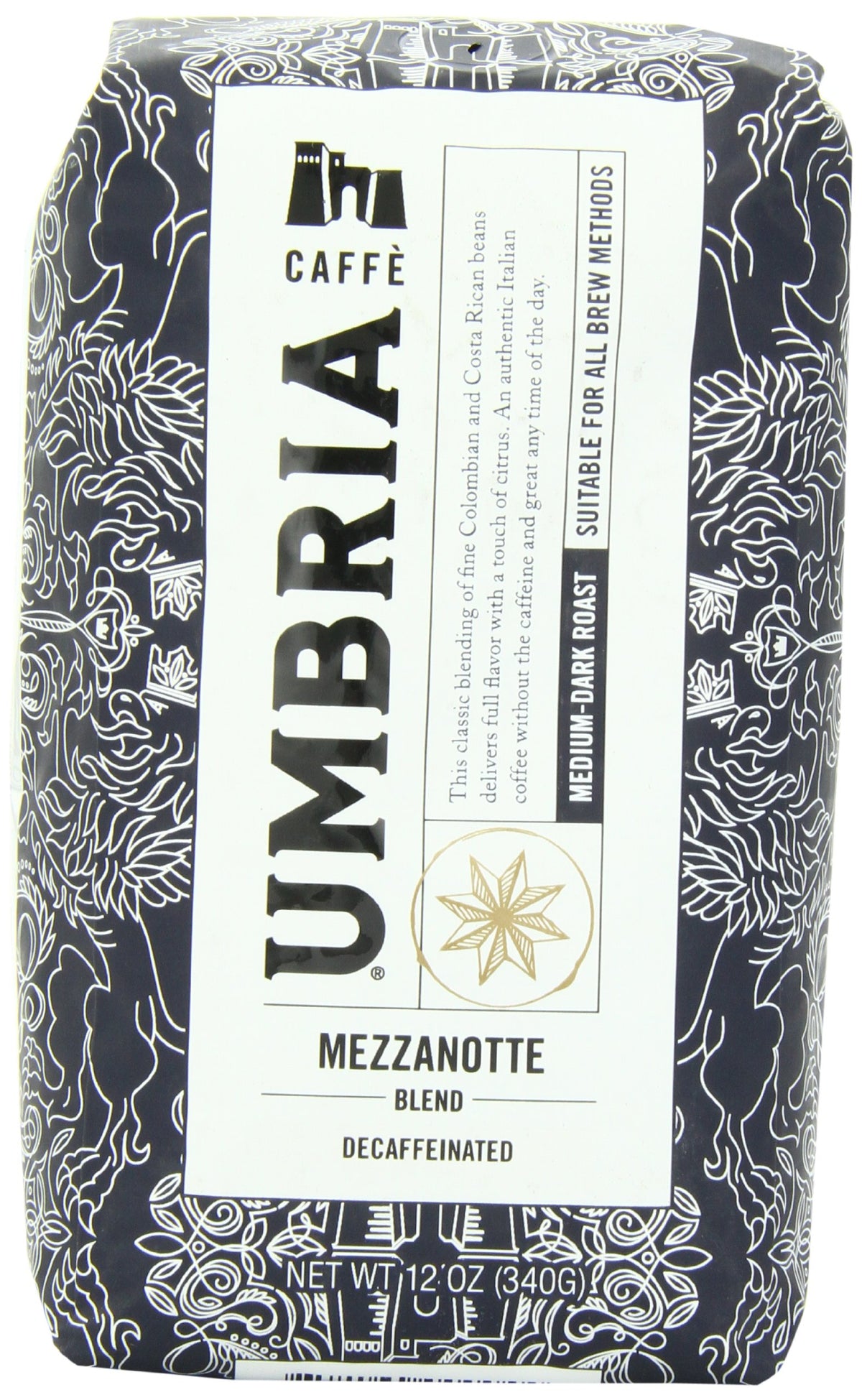 CAFFE UMBRIA Mezzanotte decaf whole bean bag with smooth Seattle roast for all-day use.