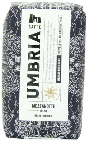 CAFFE UMBRIA Mezzanotte decaf whole bean bag with smooth Seattle roast for all-day use.