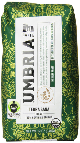 Caffe Umbria Terra Sana Organic Blend 12oz bag with fresh roasted aroma.