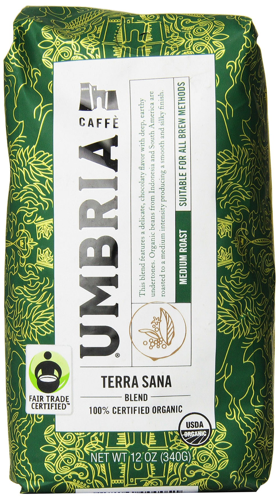 Caffe Umbria Terra Sana Organic Blend 12oz bag with fresh roasted aroma.