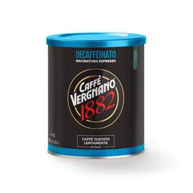 Caffè Vergnano 1882 decaf tin packaging highlights fresh aroma and balanced flavor