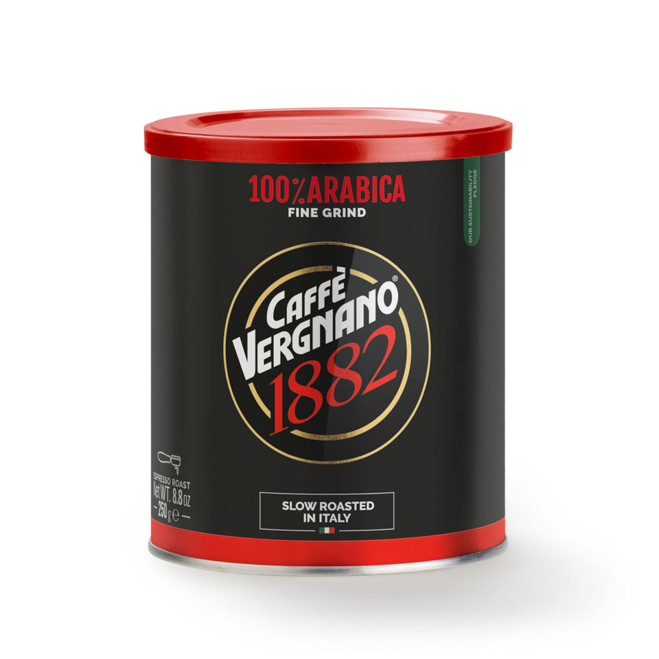 Caffe Vergnano 1882 espresso tin, finely ground to preserve aroma for moka pots