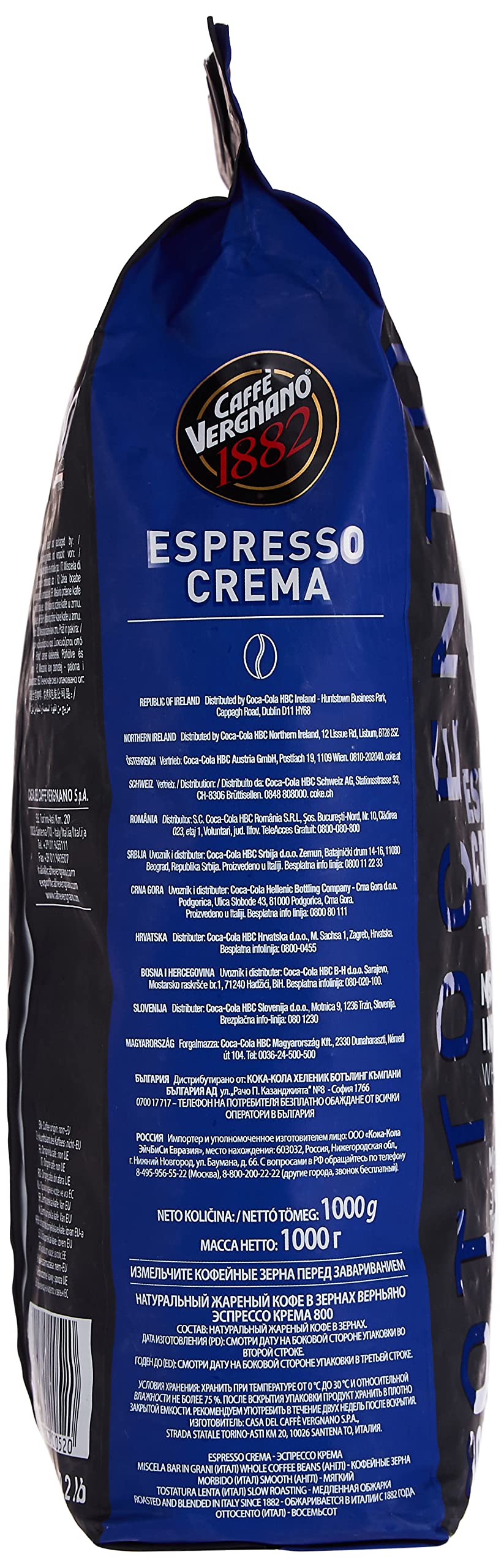 Caffe Vergnano Crema 800 vacuum-sealed bag preserves freshness and flavor.
