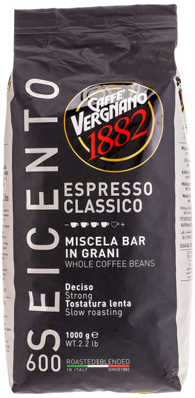 Caffe Vergnano Espresso Classico 600 whole beans with rich aroma for espresso.