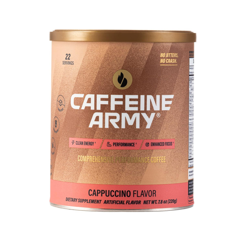 CAFFEINE ARMY Cappuccino bottle front view for steady daily energy.