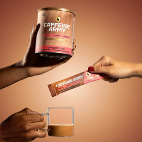 CAFFEINE ARMY Cappuccino daily ritual setup showing focus and energy.