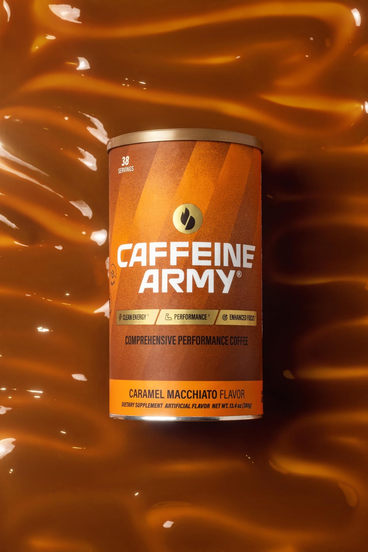 CAFFEINE ARMY Caramel Macchiato glass with foam shows rich texture.