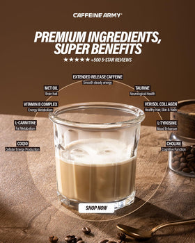 CAFFEINE ARMY Caramel Macchiato ready-to-brew cup supports focus.